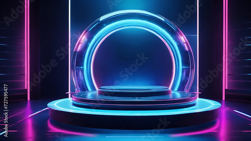 Game circle blue neon stage screen hologram platform podium for commercial products. Virtual 3D podium Hud design technology background portal cyber tech digital element show space future , stage