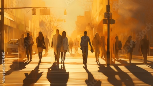 People walking down the street of the city, bathed in golden sunlight at sunset. © liliyabatyrova