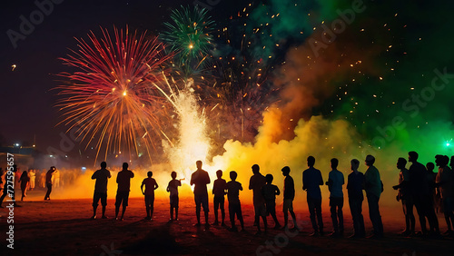 Diwali Fire Cracker explosions, Cracker Explosive splash red, yellow, green color powder dusk with silhouette of crowd playing in the background. wide background copy space, ground