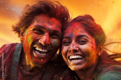 happy hindu indian people celebrate holi festival by throwing colorful powder at each other, generative AI