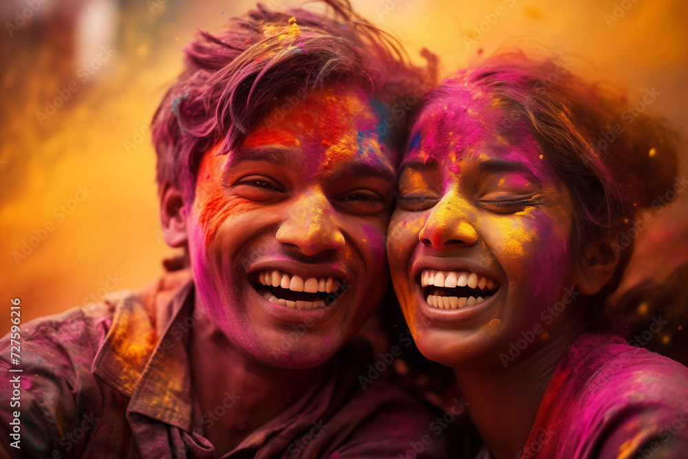 happy hindu indian people celebrate holi festival by throwing colorful powder at each other, generative AI happy hindu indian people celebrate holi festival by throwing colorful powder at each other, generative AI