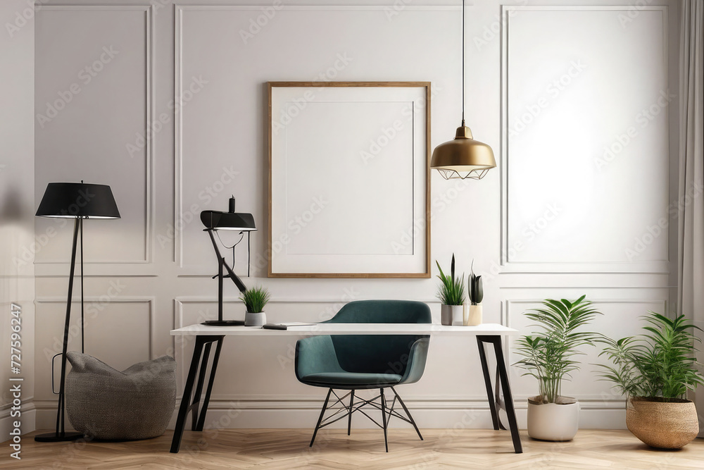 Fototapeta premium Modern Home Office Mockup - Frame on Living Room Wall, Stylish Interior Design. 