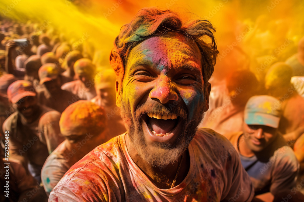 happy indian man in the foreground in front of happy hindu indian people celebrate holi festival by throwing colorful powder at each other, generative AI
