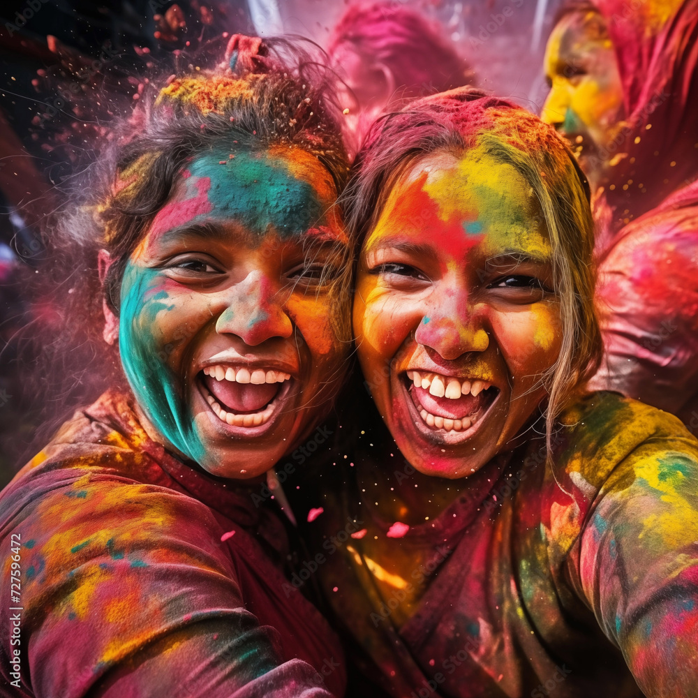 happy hindu indian people celebrate holi festival by throwing colorful powder at each other, generative AI