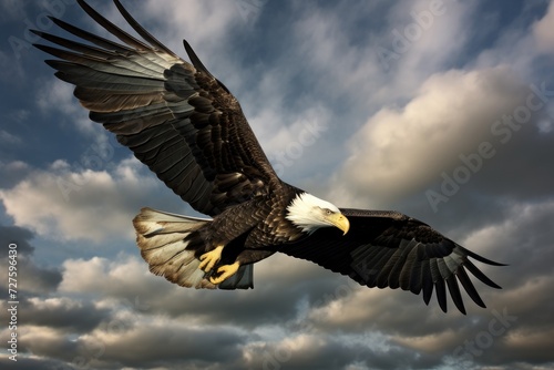 A bald eagle, with its wings spread wide, glides gracefully through a cloudy sky. © pham