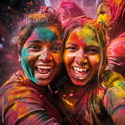 happy hindu indian people celebrate holi festival by throwing colorful powder at each other  generative AI