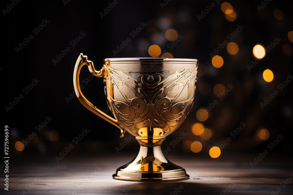 A shiny golden cup sits, motionless, on top of a wooden table.