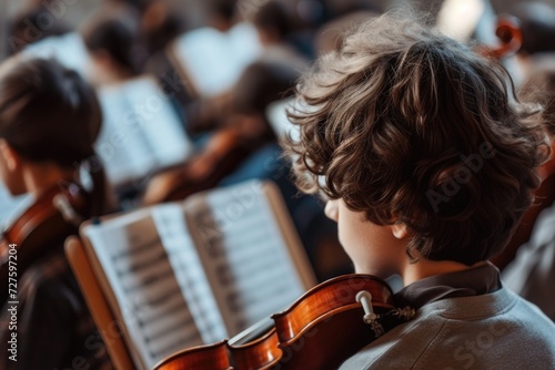 Young boy that is playing a violin in a orchestra photo