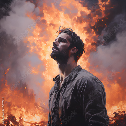 Realistic oil painting of a man with dramatic fire backdrop which shows sorrow and chaos in situation