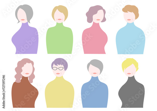シニア女性の上半身のシンプルイラストセット