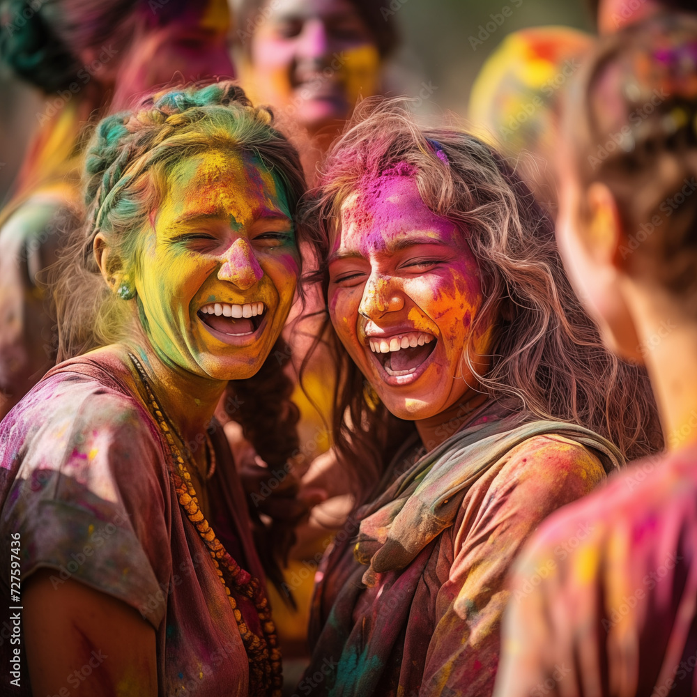 happy hindu indian people celebrate holi festival by throwing colorful powder at each other, generative AI