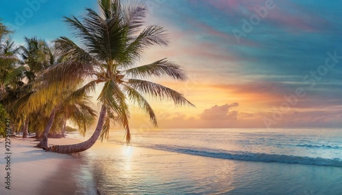 Paradise beach with palm trees and calm ocean at dawn or sunset. Panoramic banner of a peaceful landscape