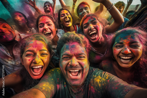 happy hindu indian people celebrate holi festival by throwing colorful powder at each other, generative AI photo