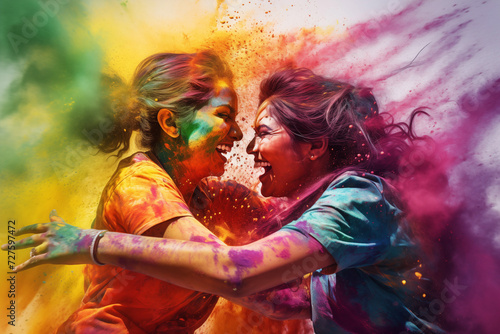 happy hindu indian people celebrate holi festival by throwing colorful powder at each other, generative AI