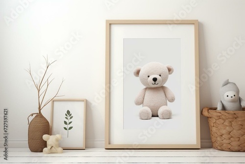 A4 mockup frame and stuffed bear. Generative AI