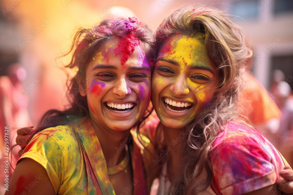 Fototapeta premium happy hindu indian people celebrate holi festival by throwing colorful powder at each other, generative AI