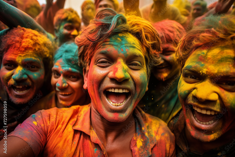 happy hindu indian people celebrate holi festival by throwing colorful powder at each other, generative AI