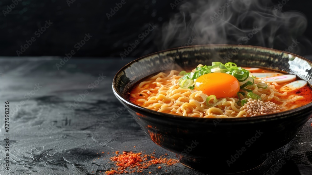 Hot ramen noodle soup with egg and scallions, smoke rising Hot ramen noodle soup with egg and scallions, smoke rising
