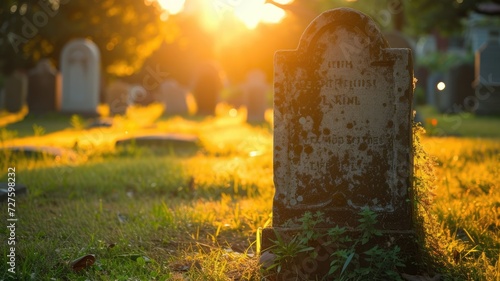 Sun setting behind a weathered gravestone in a tranquil cemetery photo