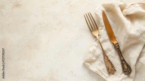Elegant vintage cutlery set on a textured background with a linen napkin photo