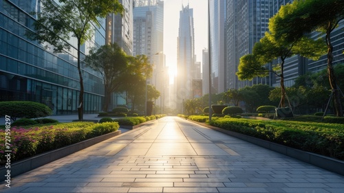 Sunrise over an urban park pathway lined with lush greenery