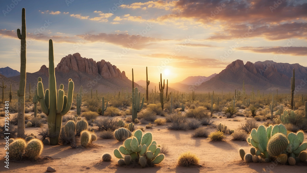 Tranquil moments as the desert transitions from day to night with the sun setting behind a cluster of cacti and creating a serene and peaceful atmosphere in the arid wilderness - obrazy, fototapety, plakaty 