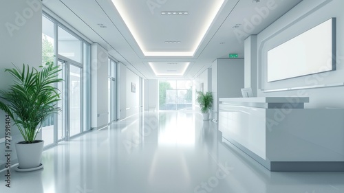 A clean  bright hospital corridor with doors and potted plants