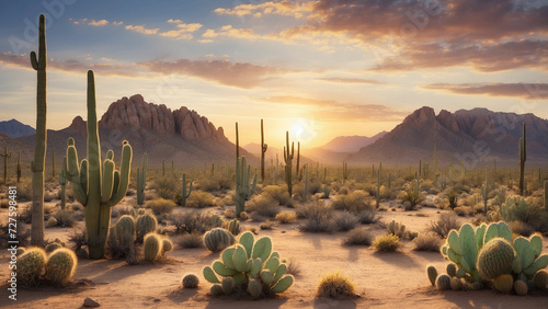 Tranquil moments as the desert transitions from day to night with the sun setting behind a cluster of cacti and creating a serene and peaceful atmosphere in the arid wilderness #727598481