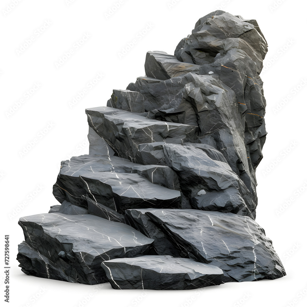 Black stone podium for product display. Rough stone blocks isolated on white background. Rock platforms