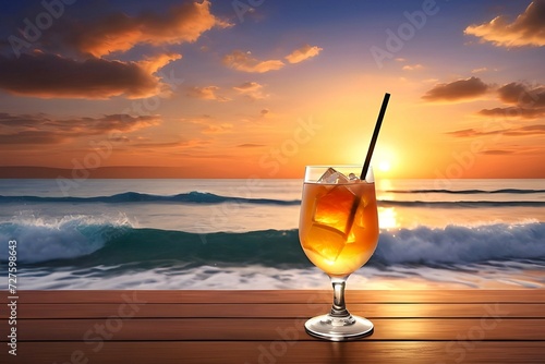 A glass of drink is served with the sunset background of a beach