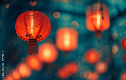 Red paper lanterns on the night hanging from the ceiling. Holiday and Chinese new year celebration