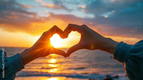 Hands in the form of a heart on the background of the setting sun.