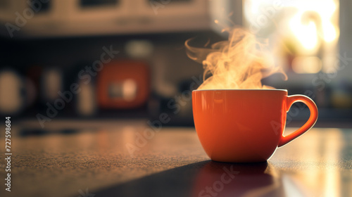 Orange cup of coffee on the table in the kitchen. Blurred background. photo