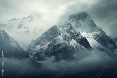 : A mountain range shrouded in mist, creating an otherworldly and mysterious ambiance.