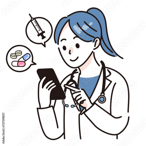 スマホで患者とやりとりをする女性の医者