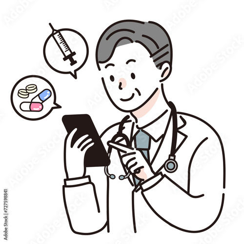 スマホで患者とやりとりをする男性の医者