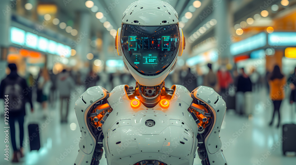 Advanced humanoid robot with digital face display stands among travelers in a modern airport terminal.
Advanced humanoid robot with digital face display stands among travelers in a modern airport terminal.