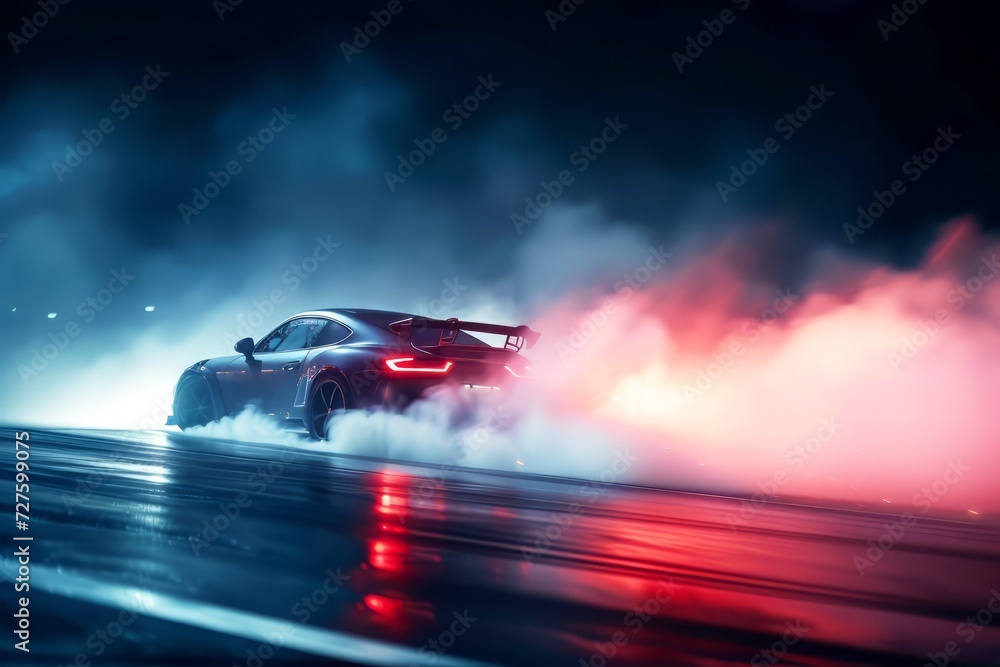 Sports car performing diffusion race drift car with lots of smoke from burning tires on speed track in dark background