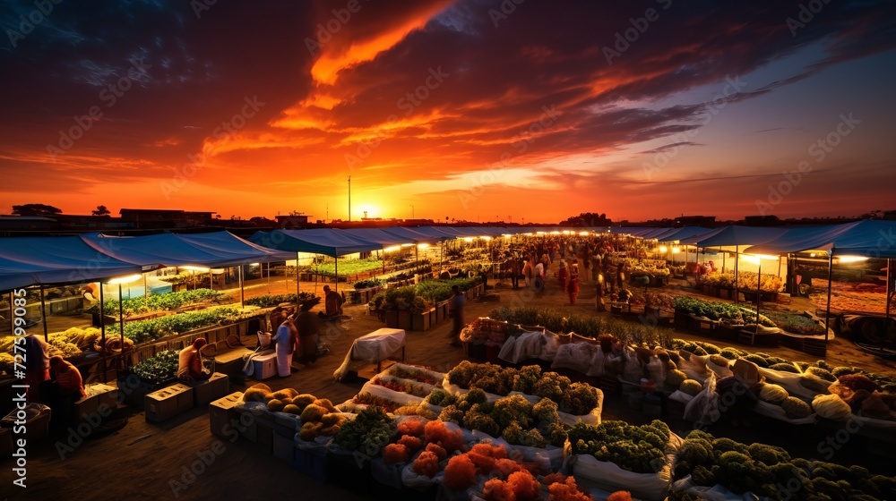 Street agricultural products market, crowded with goods and people, at sunset.