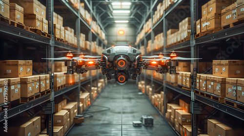 An advanced autonomous drone with red lighting flies between shelves in a modern warehouse. 
