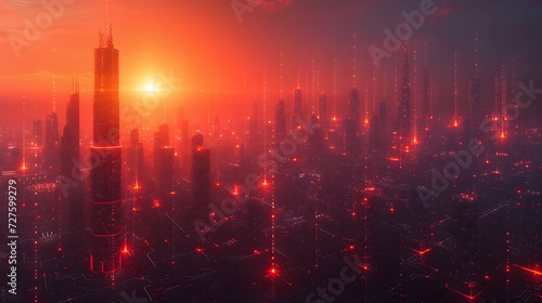 Sunset over a network-connected smart city pulsating with red data streams. 