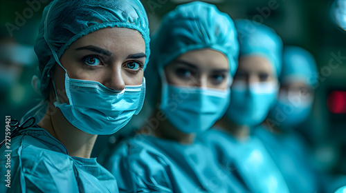 A team of surgeons with intense gazes prepped for surgery, showcasing teamwork and precision. 