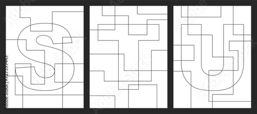 Letter S, T and U geometric shapes vector for children coloring book