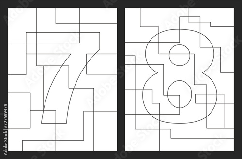 Number 7 and 8 geometric shapes vector for children coloring book