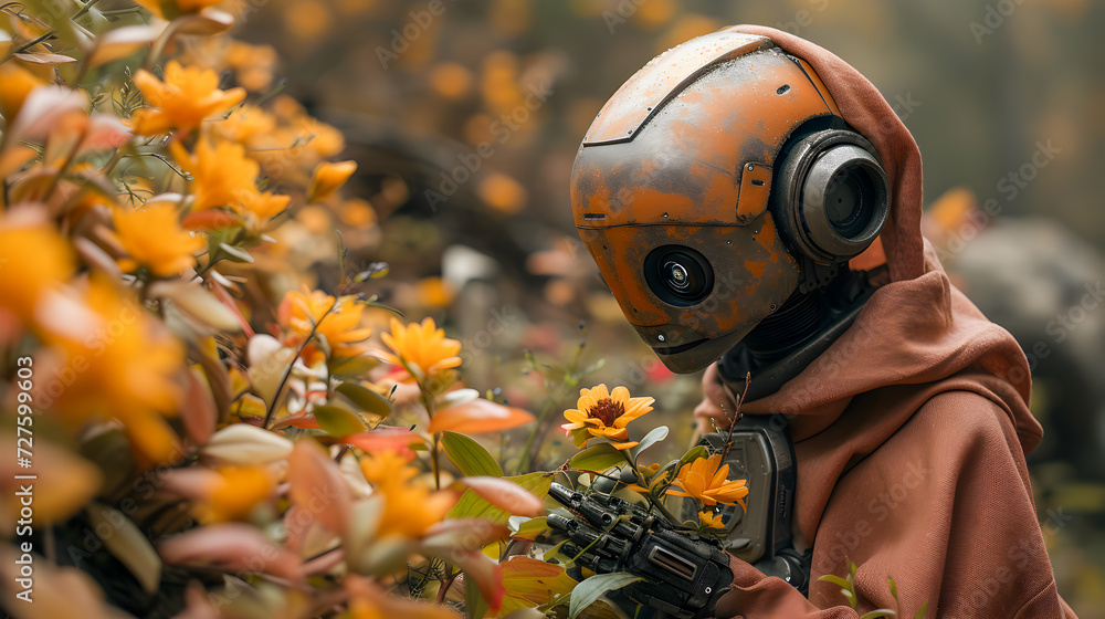 A robot with a humanoid head and an orange helmet gently holds flowers, blending technology with nature.
A robot with a humanoid head and an orange helmet gently holds flowers, blending technology with nature.