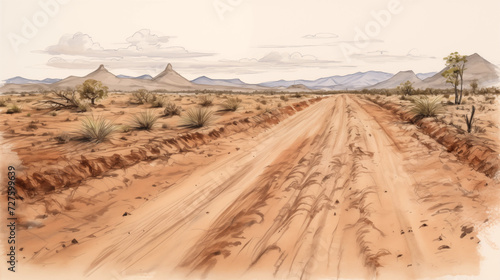 Draft painted watercolor background with a rough dirt road for off-road travel, with pebbles, rocks, mountains, and beautiful scenery.