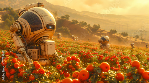 Autonomous robots picking ripe tomatoes in a golden-lit agricultural field during sunset.
 photo
