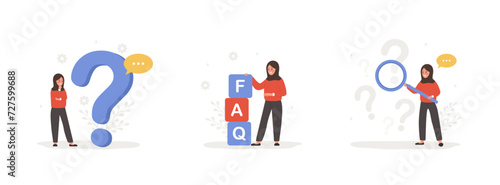 FAQ concept. Arabian women ask questions and receive answers. Customer support. Set of vector illustrations in flat cartoon style. Perfect for Website menu bar, user interfaces or landing pages.
