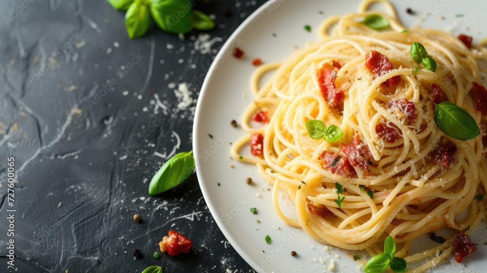 Plate of spaghetti with tomato and basil on dark surface Plate of spaghetti with tomato and basil on dark surface