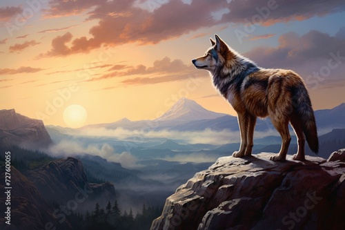   A lone wolf standing on a rocky outcrop  overlooking a vast  untouched wilderness bathed in the soft glow of twilight.